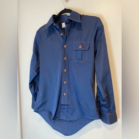 VTG 70s Navy Blue Blouse with Brown Stitching & Buttons - Picture 3 of 7